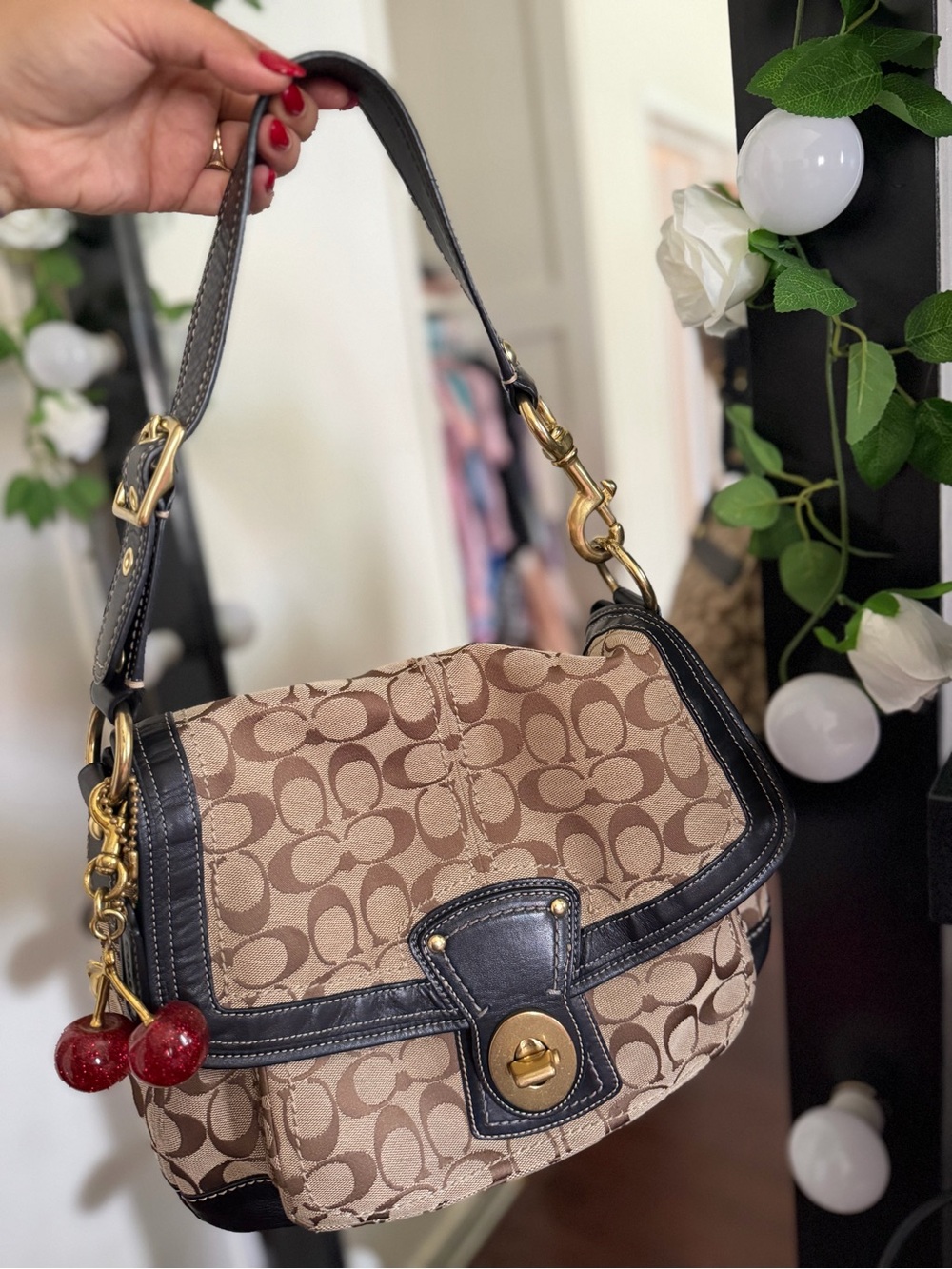 Coach Khaki Signature Canvas Shoulder Bag with Black Trim